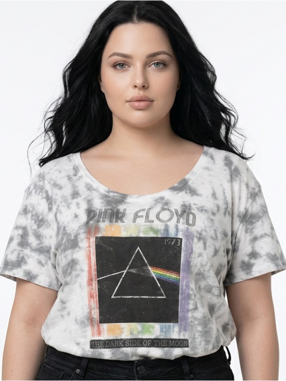 KNIT RIOT | PINK FLOYD Scoopneck Tie Dye Gray & White Band Tee Women’s Size XS